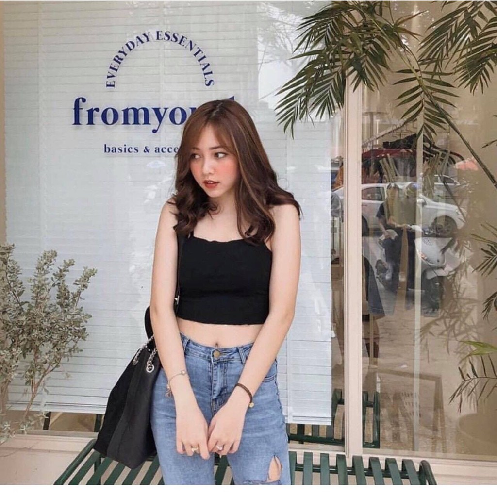 ÁO CROPTOP 2 DÂY CUỐN BIÊN ĐEN TRẮNG VÀNG HỒNG TÍM - CROPTOP LEN TĂM NHÚN VIỀN BÈO NHIỀU MÀU | BigBuy360 - bigbuy360.vn