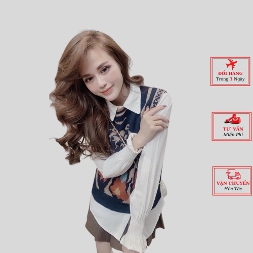 Áo gile len nữ thổ cẩm màu trắng xanh be phong cách ulzzang hàn quốc thời trang yolo fashion