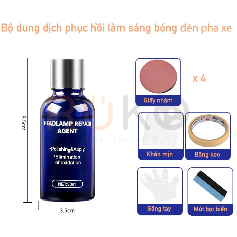 Bộ dung dịch HeadLamp Repair Agent 30ml phục hồi làm sáng bóng đèn pha xe ô tô