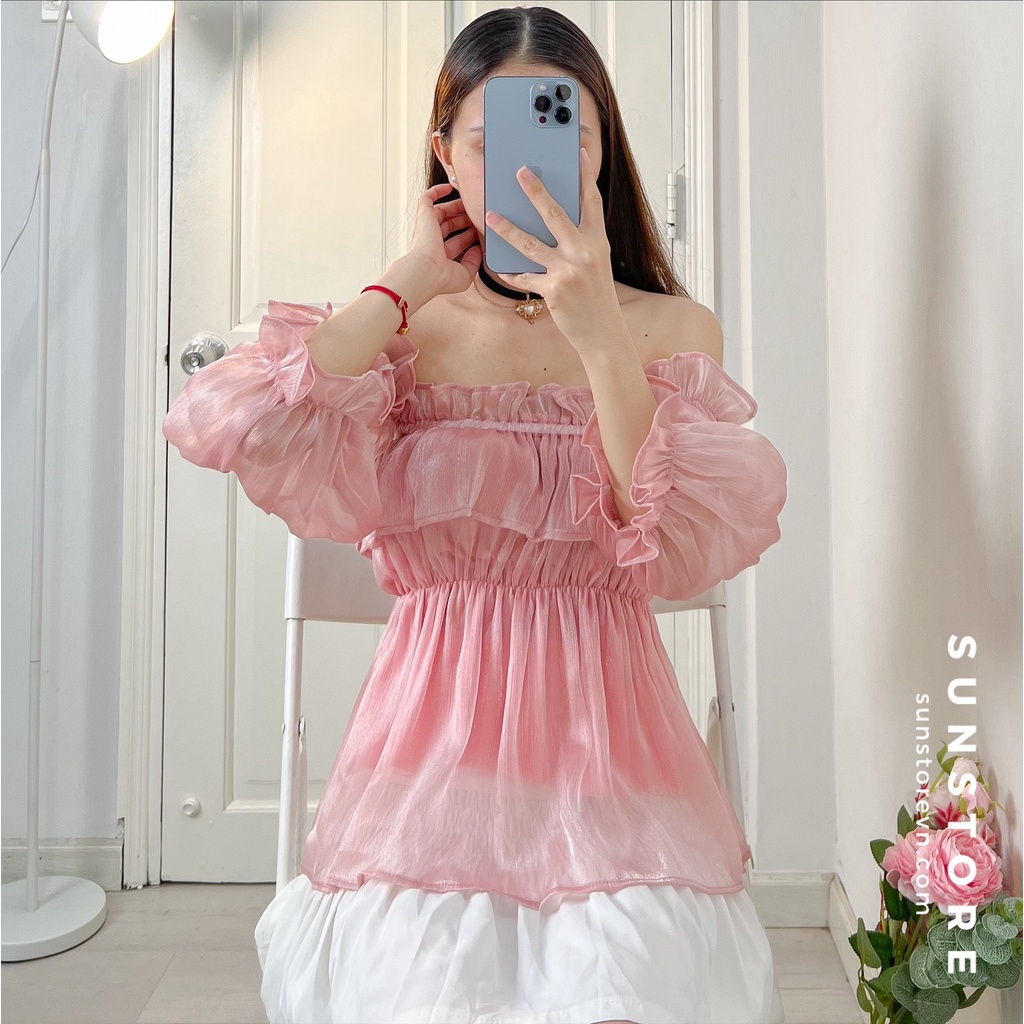 Áo trễ vai kiểu nữ tay phồng xinh xắn chất liệu vải organza freesize màu hồng