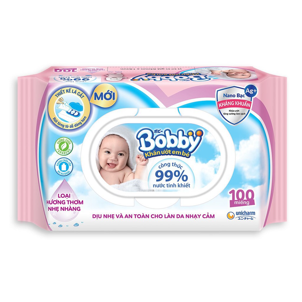 Thùng 16 Gói Khăn ướt Bobby Care hương thơm nhẹ nhàng 100 miếng/gói (Hồng)
