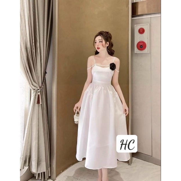 Váy trắng hai dây rớt vai dự tiệc sang trọng kèm tag hoa chất đũi lụa V288 form chuẩn AĐ BOUTIQUE
