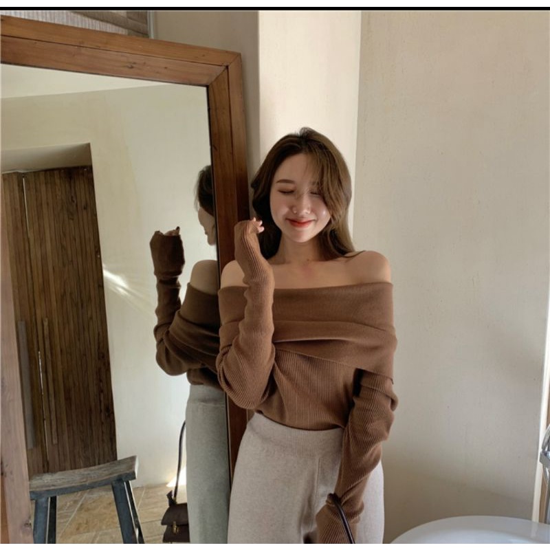 Áo len dệt kim dài tay của phụ nữ mới một chiếc cổ mỏng-vừa vặn áo pull trễ vai áo len chui đầu áo len