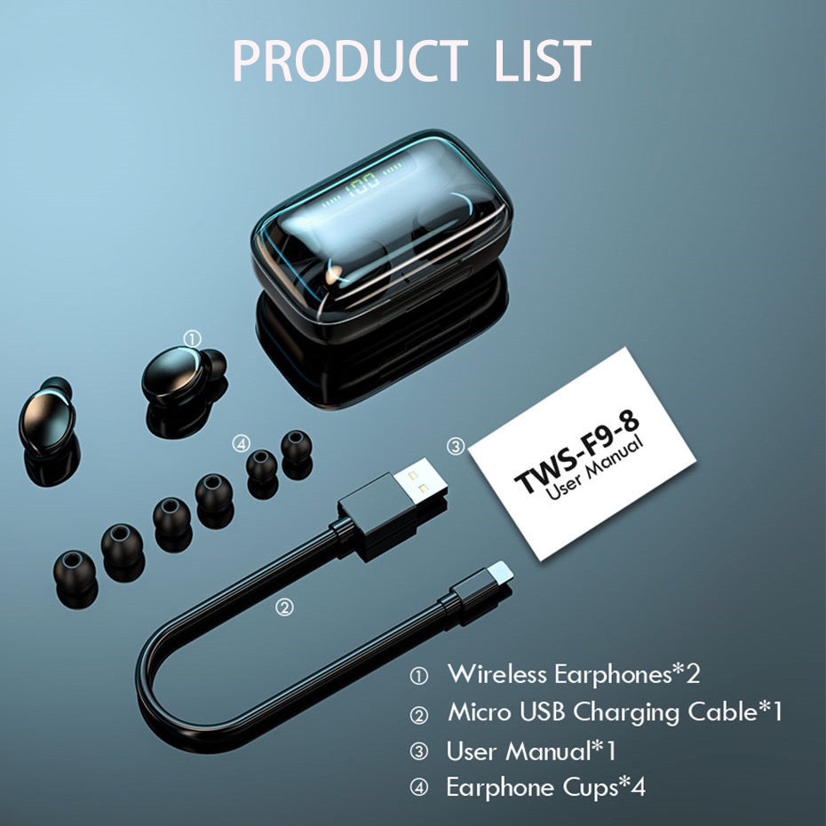 Tai Nghe Nhét Trong Không Dây F9 TWS Bluetooth 5.0 Âm Thanh Nổi Thông Minh Chống Ồn Trái Phải Chia Ngăn Âm Thanh