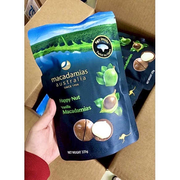 Hạt MACCA organic Úc vị Vani +Tặng đồ tách vỏ🎁 túi 225gr nội địa Úc Happy Nut Macadamias ăn vặt healthy hạt mắnội