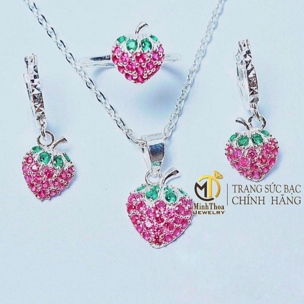 Dây chuyền bông tai vòng tay và nhẫn bạc hình quả dâu tây đáng yêu Minh Thoa JEWELRY