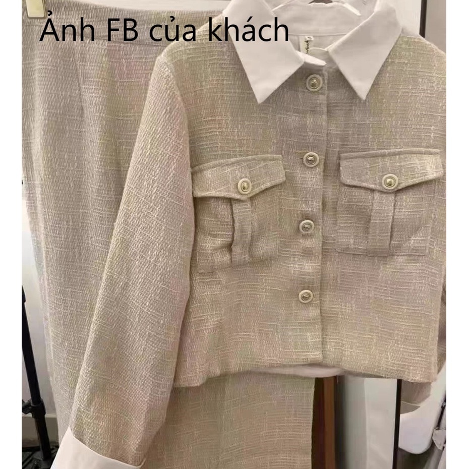 [sẵn] Set Áo Váy Dạ Tweed Màu Vàng Be Siêu Sang Chảnh Có Ảnh Thật AC053