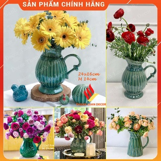 Lọ hoa gốm Bát Tràng - Bình trang trí decor dáng quai sữa cao 22 cm - Men xanh ngọc lục bảo