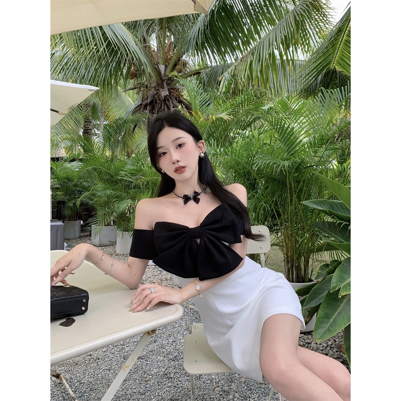 Đầm Váy Thiết Kế Trễ Vai Màu Kết Hợp Đen Trắng Chữ A Có Nơ Trước Ngực Phong Cách Hàn Quốc Phù Hợp Đi Tiệc Cưới Du Lịch | BigBuy360 - bigbuy360.vn