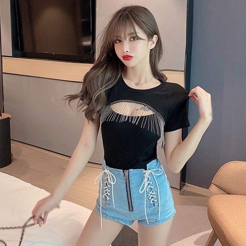 Áo Thun Tay Ngắn Dáng Ôm Phối Tua Rua Trọng Lượng Nhẹ Thời Trang Cho Nữ