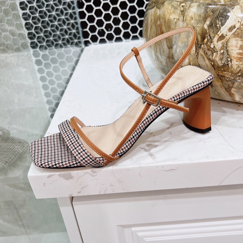 Sandal công sở phối màu độc lạ - sandal dây caro đẹp lạ gót 5p xuất sắc -01