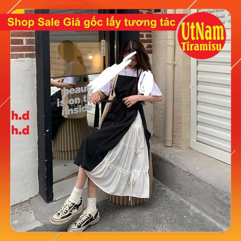 Sét váy 2 dây buộc eo phối váy trắng dáng xòe + áo thun trắng chất tuyết mưa basic nữ | BigBuy360 - bigbuy360.vn