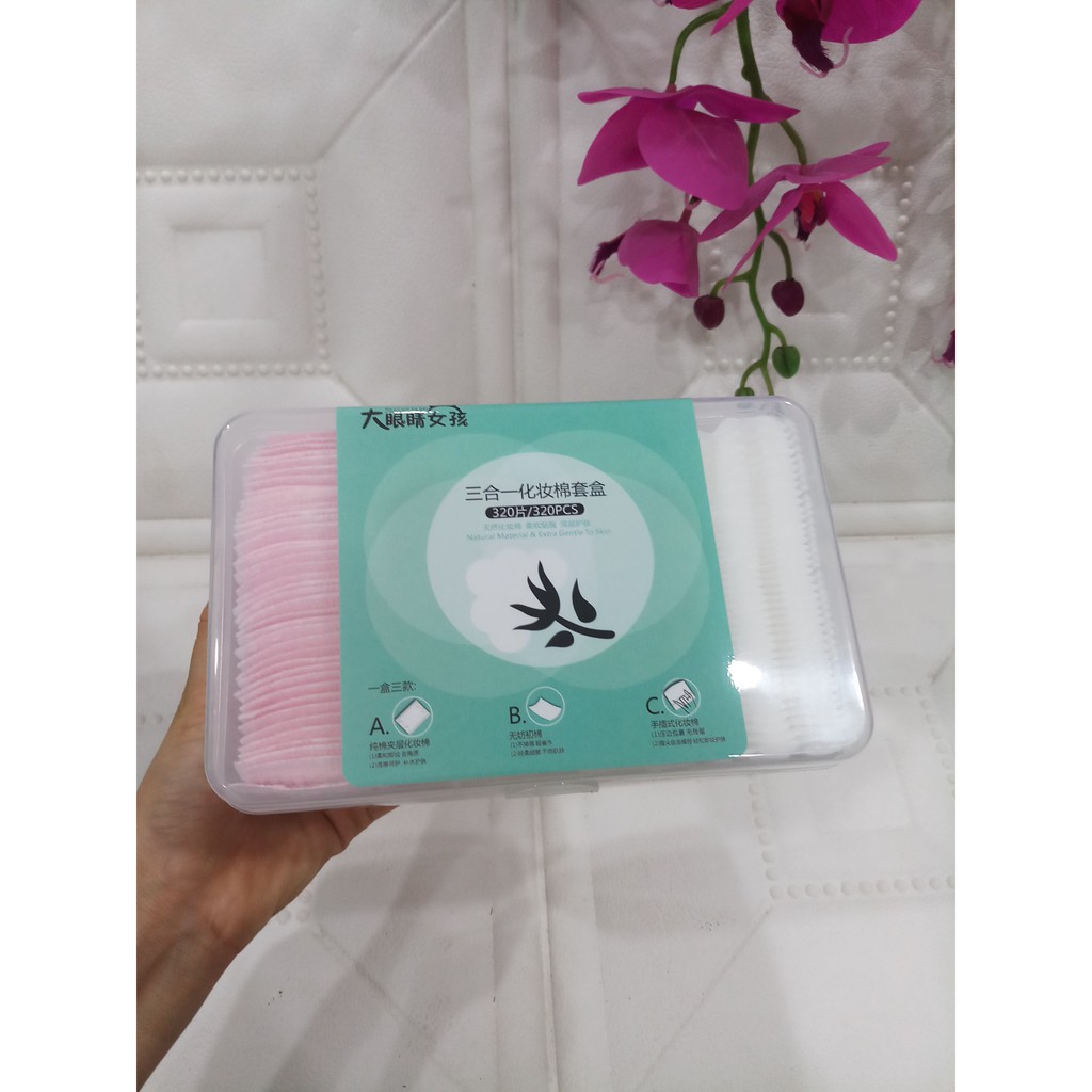 Hộp bông tẩy trang 320 miếng, 3in1 100%cotton siêu mềm mịn siêu sịn sò