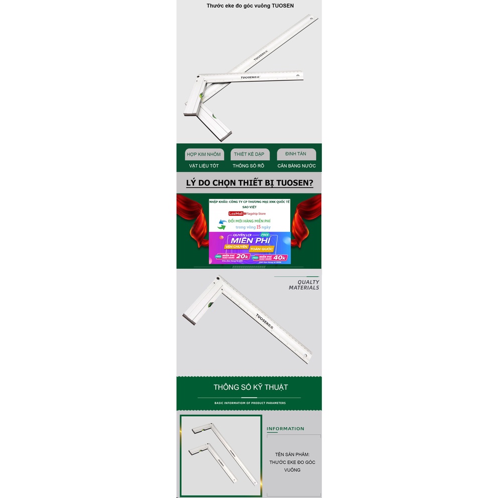 Thước eke góc vuông 300mm/500mm TUOSEN, thước đo góc 90 độ TUOSEN bằng chất liệu hợp kim nhôm