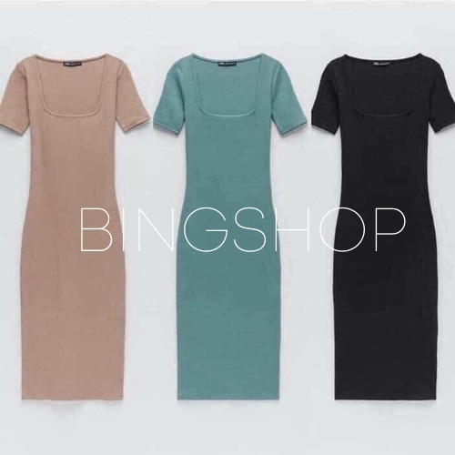 Váy body tay lỡ cổ vuông Bingshop dáng dài vải tăm co dãn