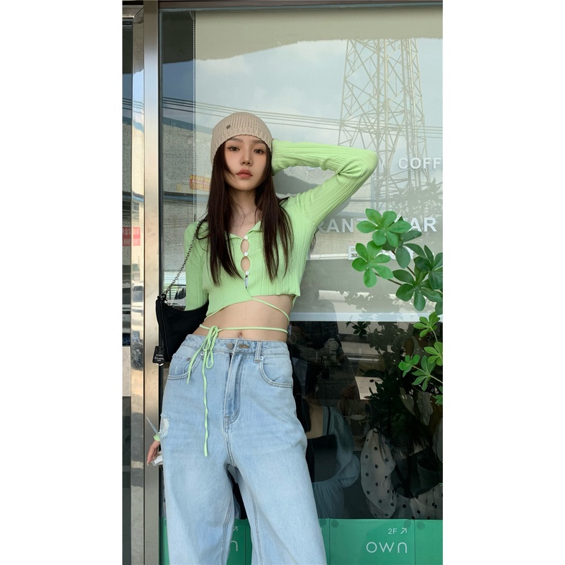 QADCOL  Áo Sweater Dệt Kim Tay Dài Dáng Ôm Cột Dây Trẻ Trung Quyến Rũ Dành Cho Nữ