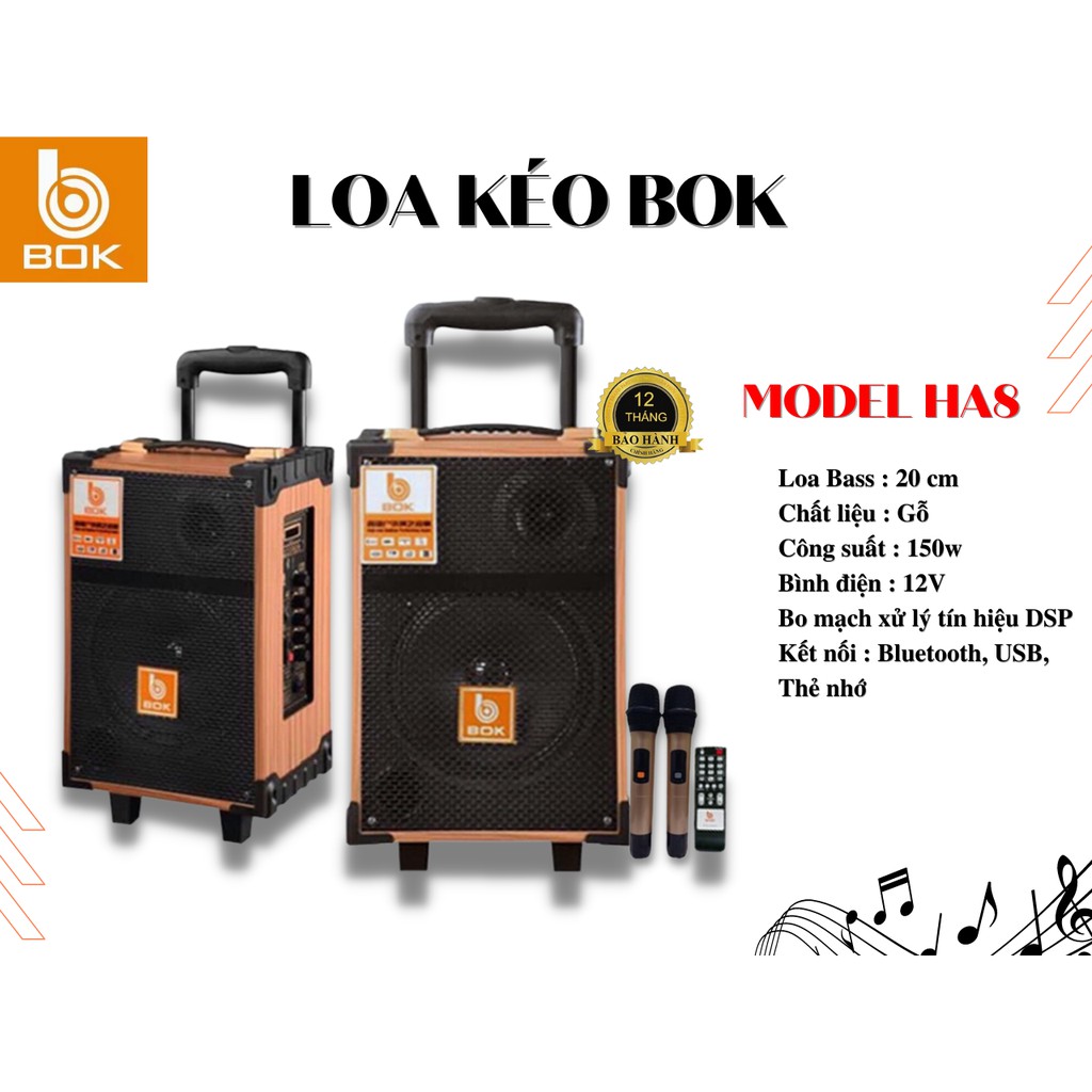 Loa kéo thùng gỗ hát karaoke, nghe nhạc, bass 2 tấc, bluetooth, chính hãng Bok Ha8