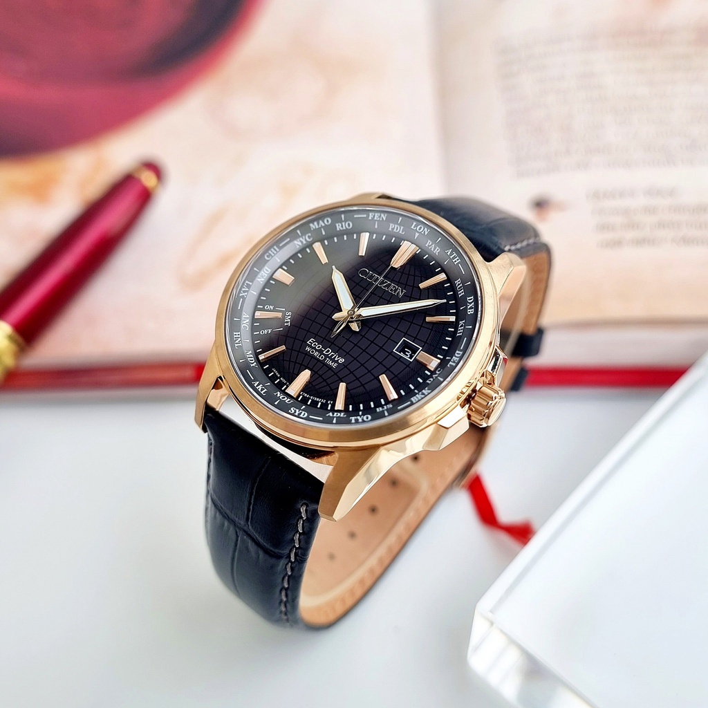 Đồng Hồ Nam Citizen World Time BX1003-08E Eco-Drive Dây Da Vỏ Rose Mặt Đen