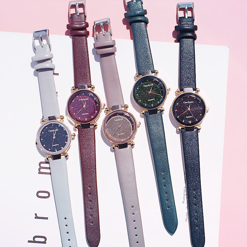 Đồng hồ nữ Candycat9 dây da cao cấp mặt tròn bầu trời đầy sao Bán lẻ giá sỉ