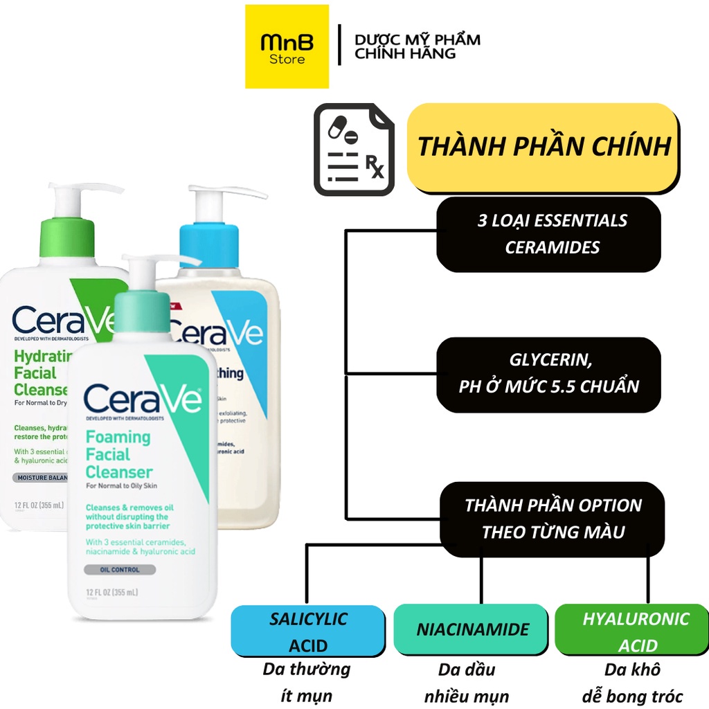 Sữa rửa mặt Cerave Foaming Facial Cleanser cho da dầu mụn da khô nhạy cảm 473ml 236ml 88ml