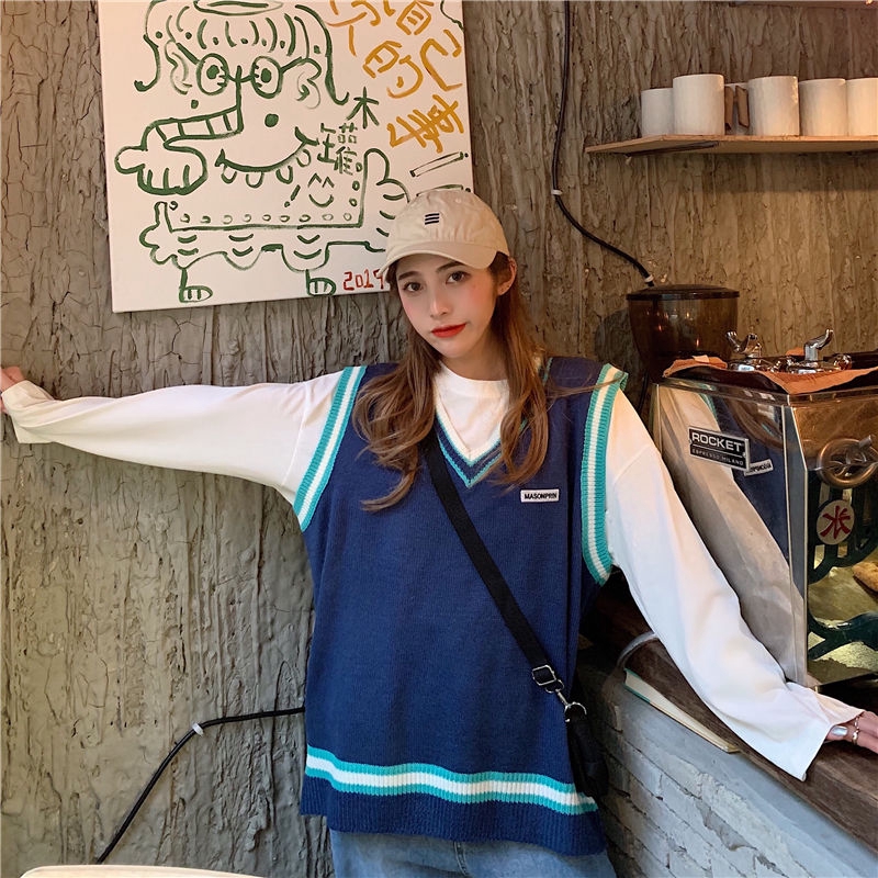 Áo Len Không Tay Cổ Chữ V Họa Tiết Kẻ Sọc Thời Trang Mùa Thu Hàn Quốc | BigBuy360 - bigbuy360.vn