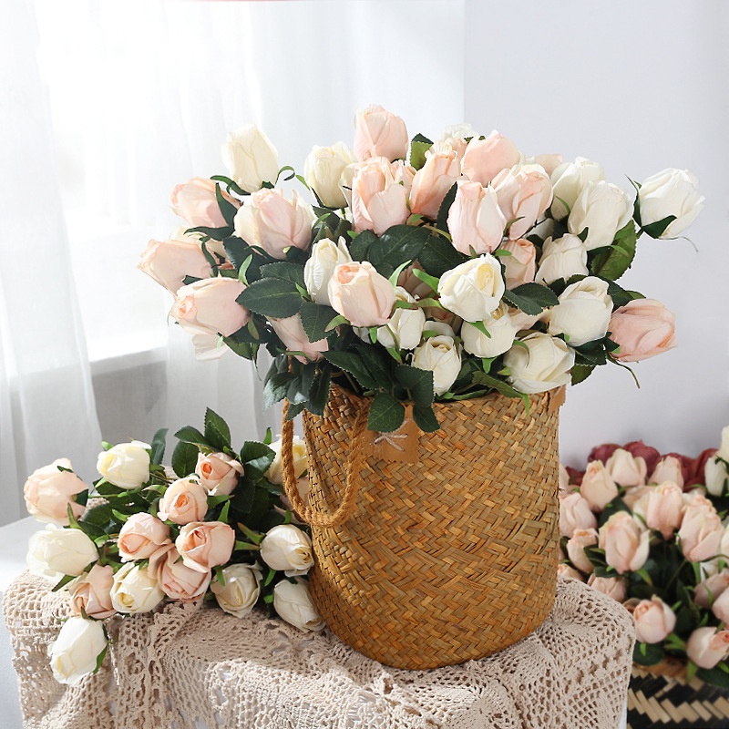 Nụ Hoa Hồng Giả 9 Bông Bằng Lụa Dùng Trang Trí Tiệc Cưới / Valentine
