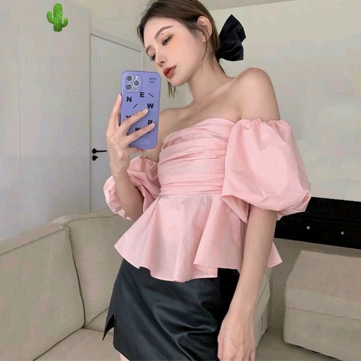 Áo bẹt vai nhún kiểu tay phồng siêu hot(B.C)