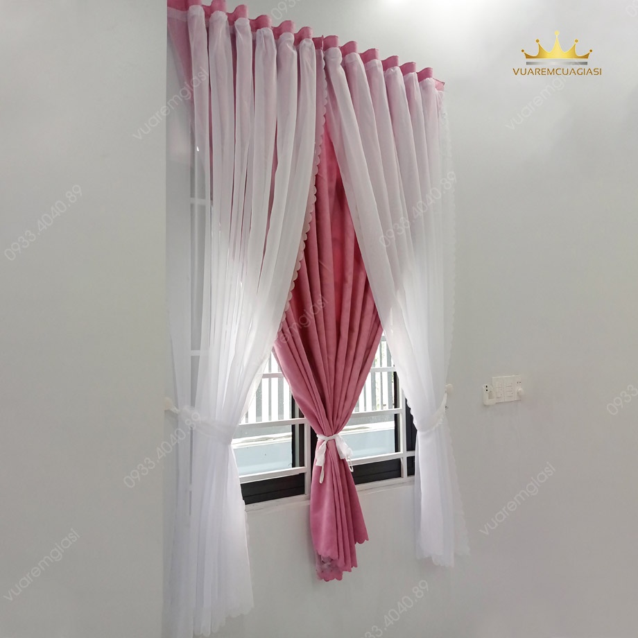Rèm cửa dán tường 2 lớp màu hồng voan trắng chống nắng trang trí cửa VIPDTH vuaremgiasi