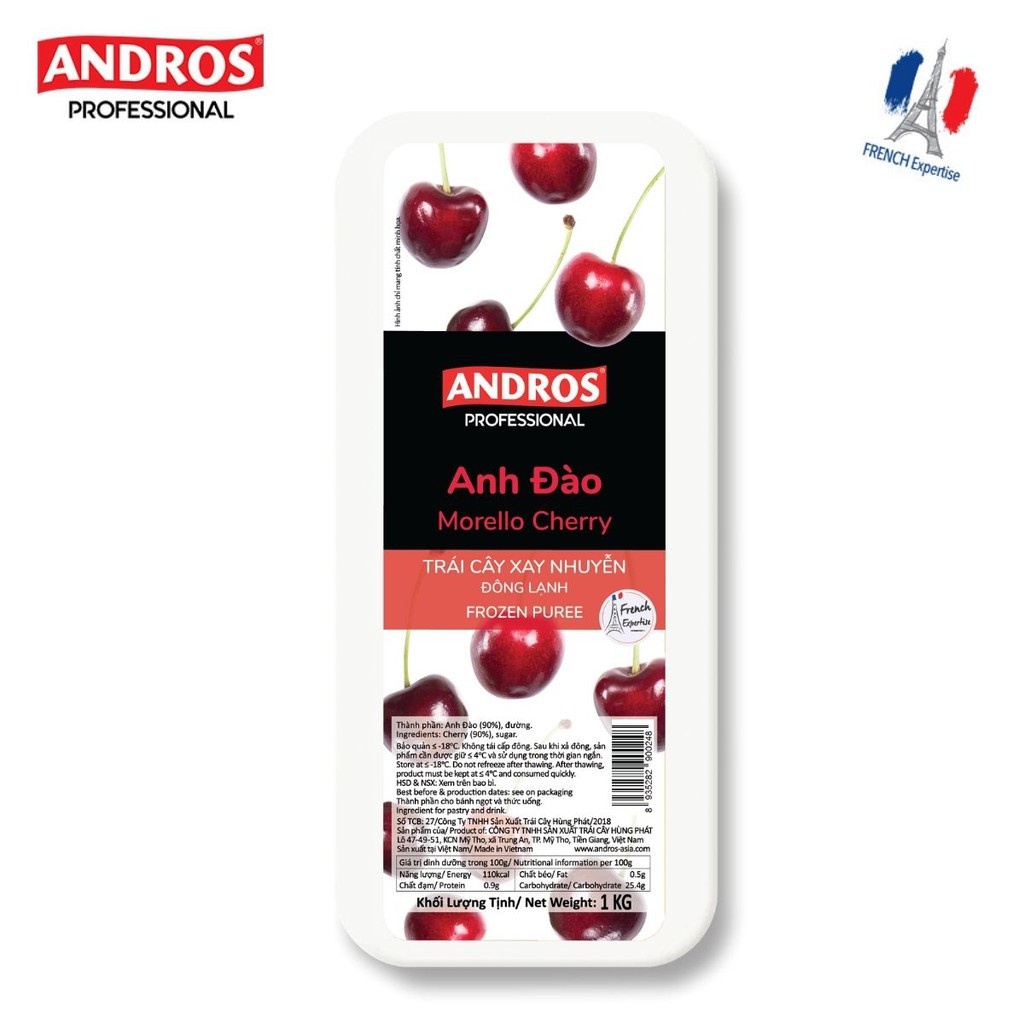 ANDROS - Cherry puree đông lạnh (Cherry Frozen Puree) - Trái cây xay nhuyễn - Hộp 1 KG