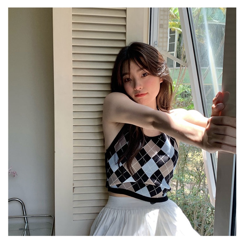 QKOOLE  Áo Dệt Kim Hai Dây Họa Tiết Sọc Caro Phong Cách Hàn Quốc