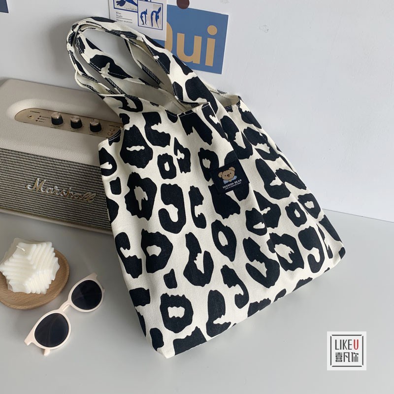 Túi tote đeo vai IELGY vải canvas họa tiết bò sữa/ caro đơn giản sức chứa lớn cho nữ