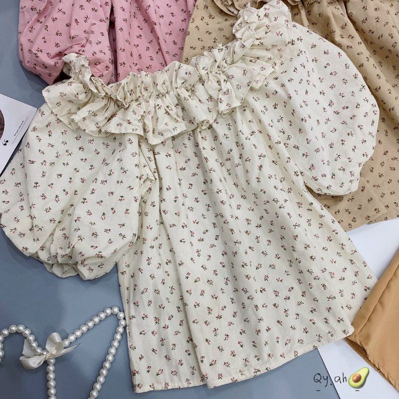 S342 Set Áo trễ vai bèo họa tiết hoa nhí tone màu nhẹ nhàng, phối quần sooc cạp chun co dãn dáng suông thoải mái