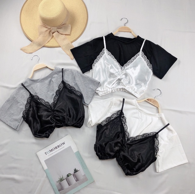 Sét áo phi bóng rút ngực phối áo thun croptop cotton - A0U