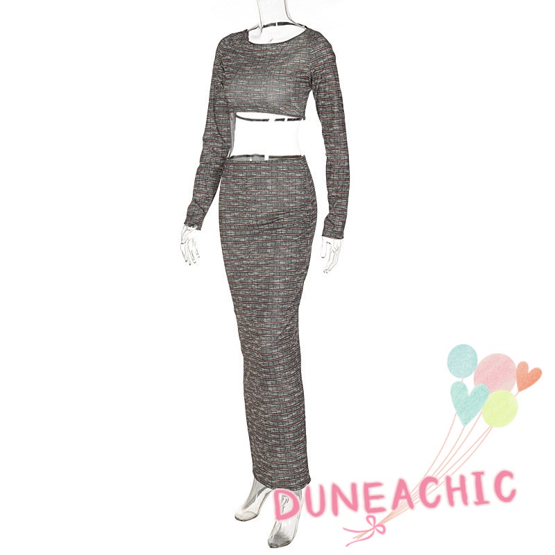 DUNEA Set Áo Thun Lửng Tay Dài Hở Lưng 2 Dây + Chân Váy Dài Thời Trang Nữ