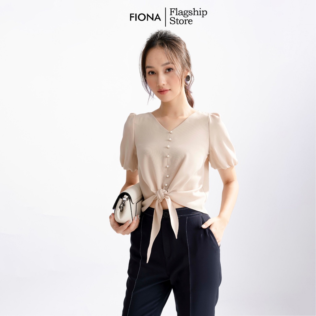 Áo sơ mi nữ cổ tim đính hạt , buộc nơ gấu FIONA F550011
