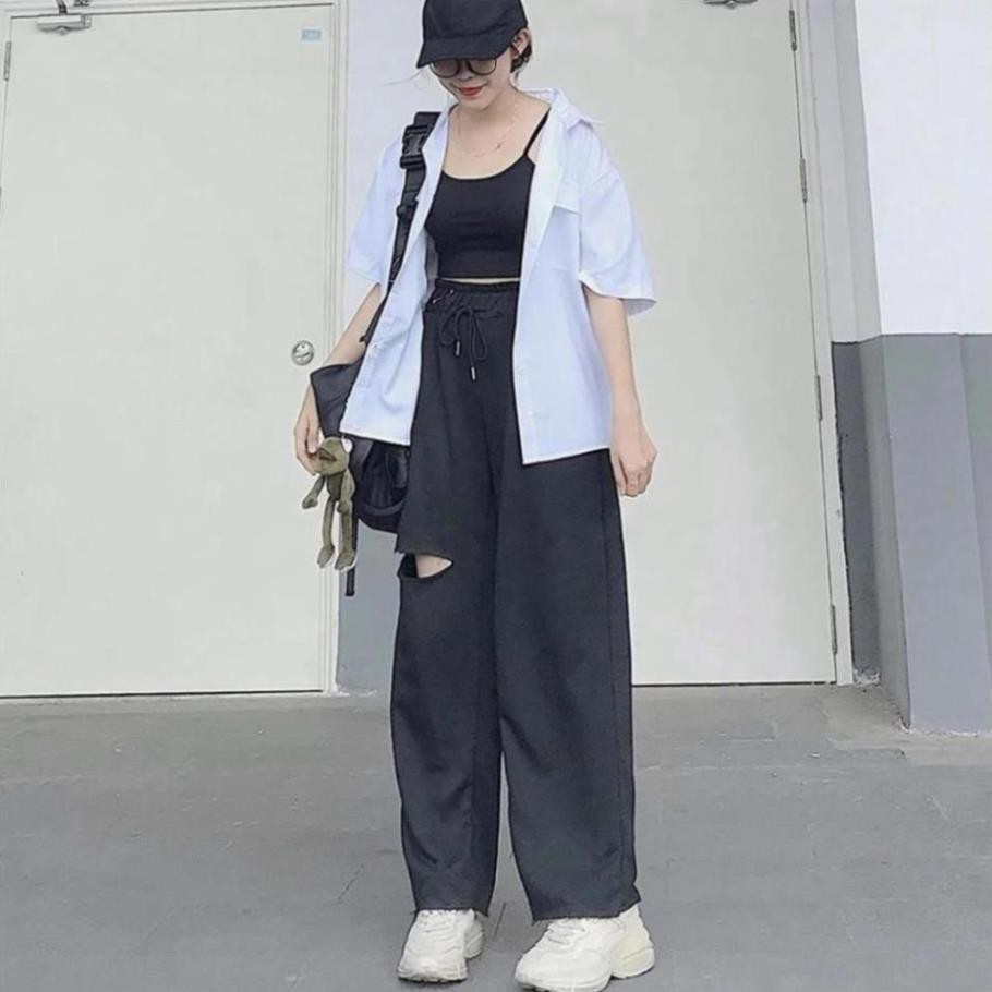 Quần ỐNG RỘNG RÁCH ĐÙI LAI TƯA Unisex