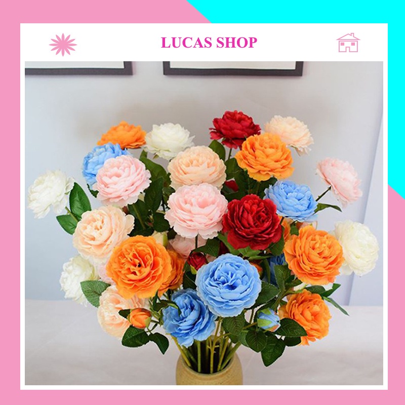 Combo 10 cành hoa giả - Hoa Hồng Lụa Lucas 65cm cành 2 bông 1 nụ decor nhà cửa, nội thất, cửa tiệm,...