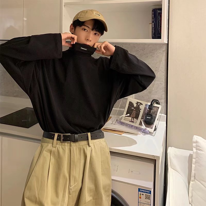 Áo thun tay dài cổ cao dáng rộng màu sắc thời trang cho nam