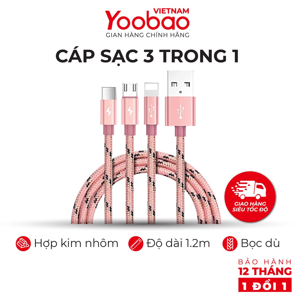 Dây cáp sạc 3 trong 1 (Micro USB/Lingtning/Type C) Yoobao YB-453 vỏ bện nylon Dài 1.2m - Hàng chính hãng - Bảo hành 12 t