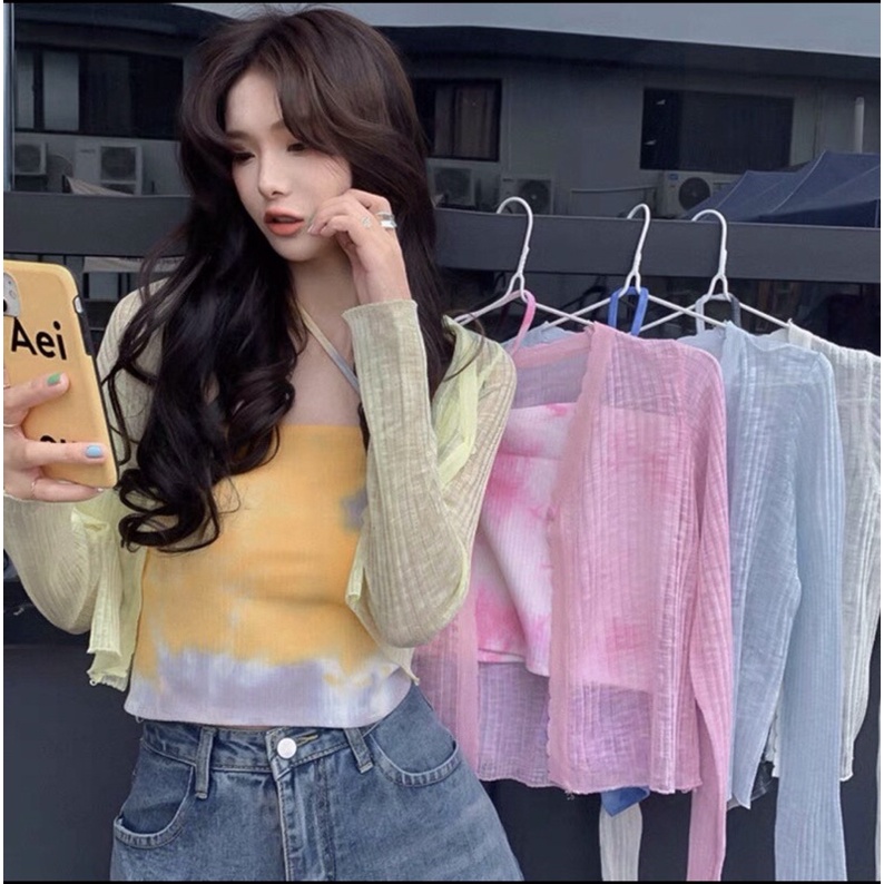 Áo khoác cardigan mỏng cổ tim 1 khuy phối áo 2 dây chéo lệch kiểu dáng Hàn Quốc phong cách ulzzang