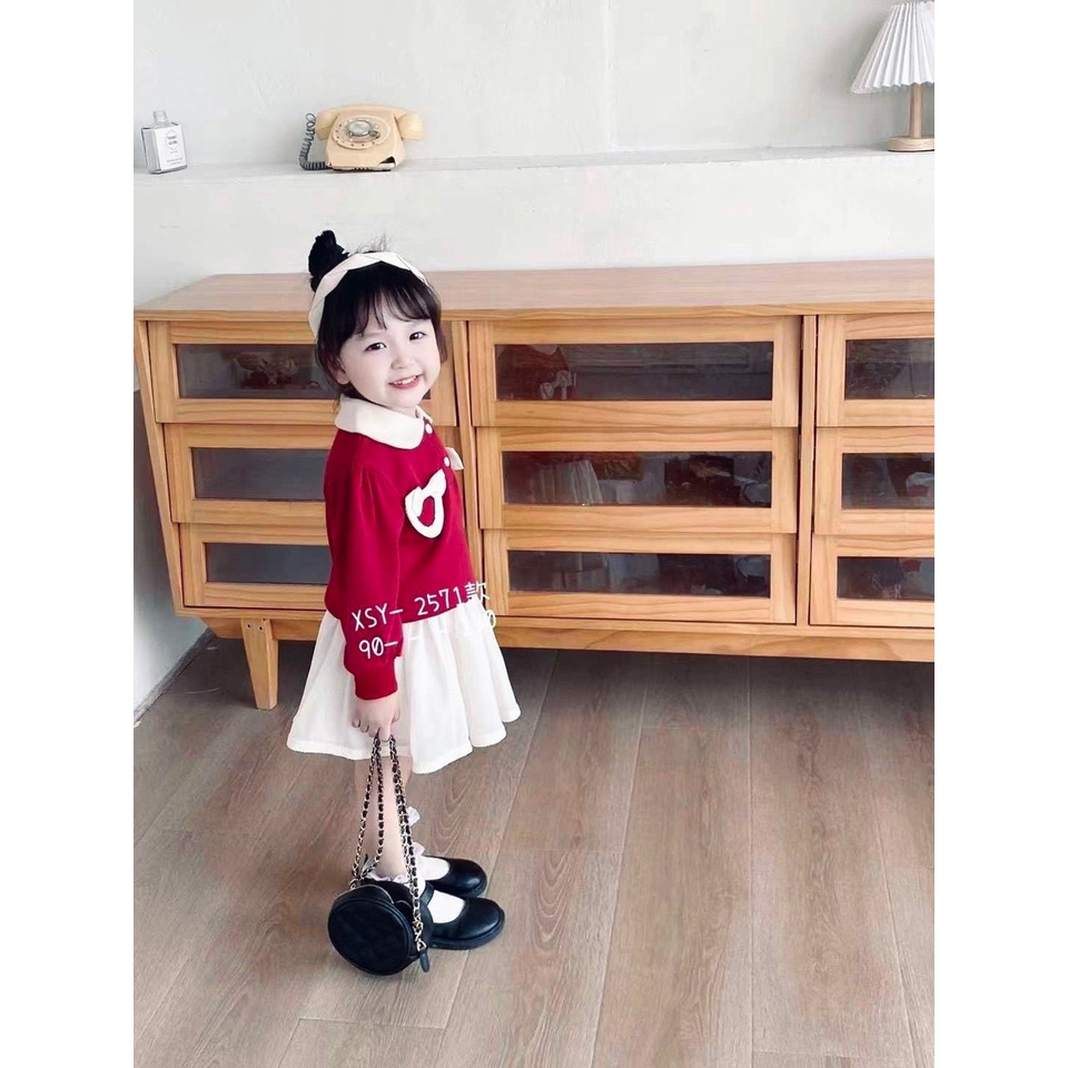 Set váy cổ trắng chân voan 2 túi nơ bé gái