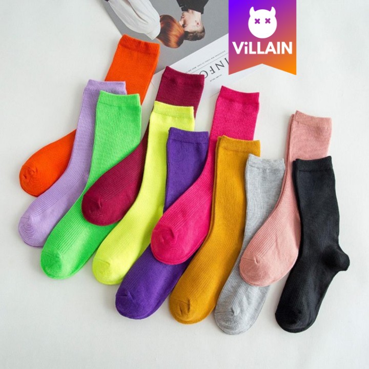 Tất Nhún Gân Tăm Cổ Cao Nửa Bắp Chân, Tất Nam Nữ Unisex Kiểu Vintage Hàn Quốc (Cổ Bo) - Villain