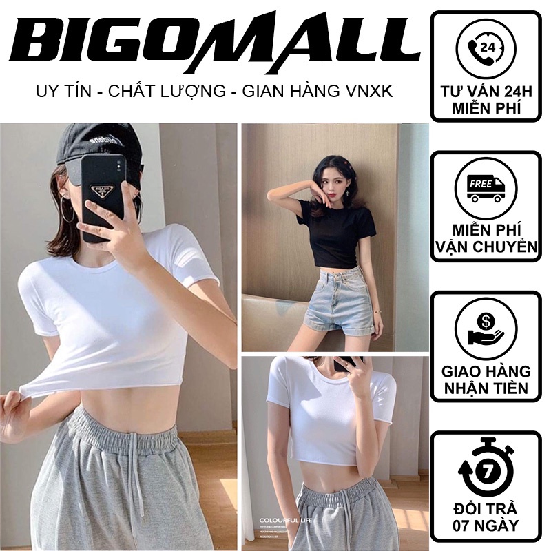 Áo Croptop Nữ Tay Ngắn Kiểu Dáng Ôm Body BIGOMALL - Áo Nữ Trơn Cổ Tròn Chất Thun Co Dãn Thoáng Mát Thời Trang