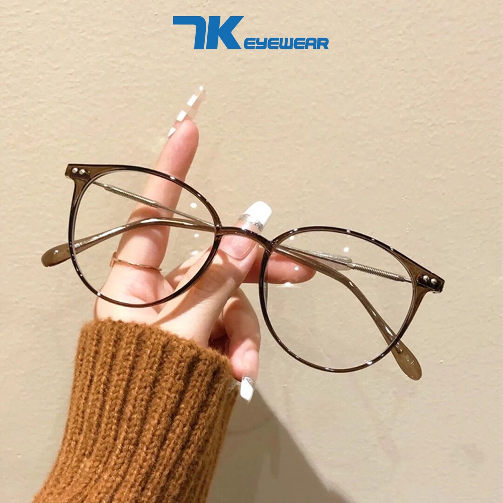 Gọng kính cận nữ, nam mắt tròn nhựa màu đen, nâu, xám 7K39002. Tròng 0 độ có sẵn, chống nắng và tia UV, ánh sáng xanh.