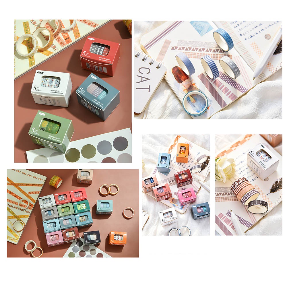 Set 5 Cuộn Băng Keo Washi Màu Trơn Dễ Thương Dùng Trang Trí Sổ Tay
