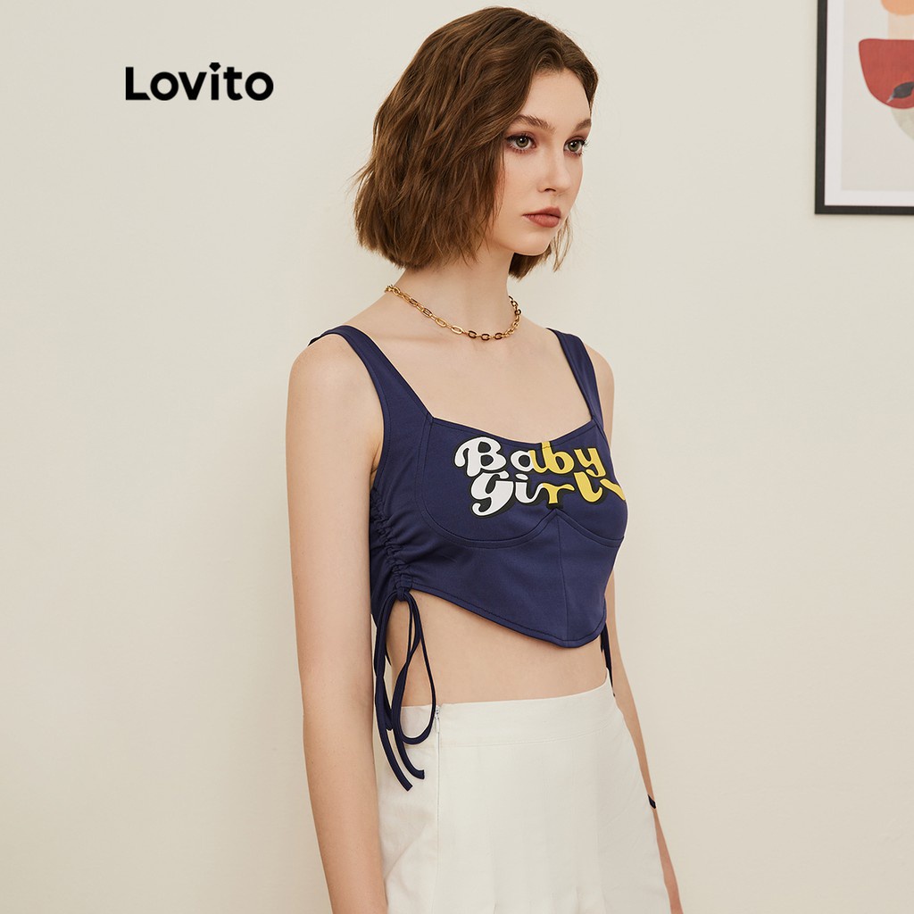 25deÁo tank top Lovito không tay in chữ ghép màu thiết kế rút dây phong cách preppy L19E007