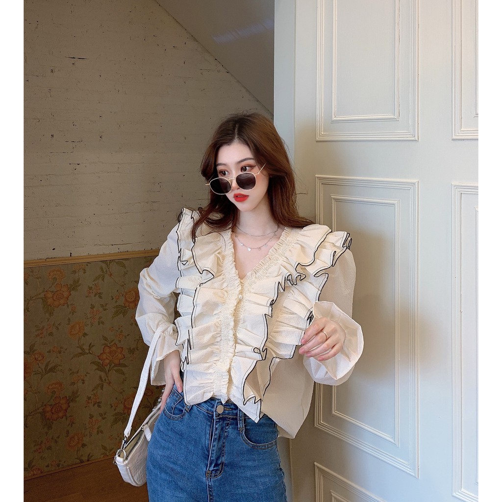 Áo form dài tay viền bèo HAF41 Hỉn Hỉn Store