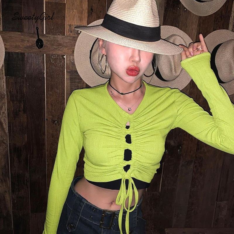 Áo Thun Crop Top Tay Dài Cổ Chữ V Màu Trơn Dáng Ôm Thời Trang 2022 Dành Cho Bạn Nữ