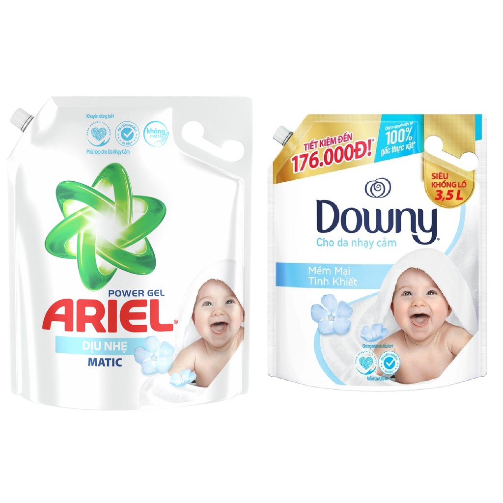 Combo Nước Giặt ARIEL Dịu Nhẹ Cho Da Nhạy Cảm Túi 3.25Kg VÀ Nước Xả Vải DOWNY Mềm Mại Tinh Khiết Túi 3.5L