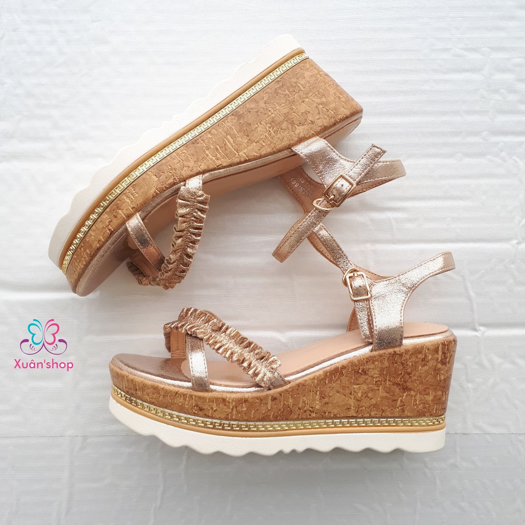 Sandal đế xuồng quai chéo viền bèo xinh xắn, cao 7cm (có sẵn)